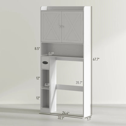 HOMCOM Over the Toilet Storage Cabinet, Farmhouse Above Toilet Bathroom Organizer with Barn Doors, Adjustable Shelf, Toilet Paper Holder, White