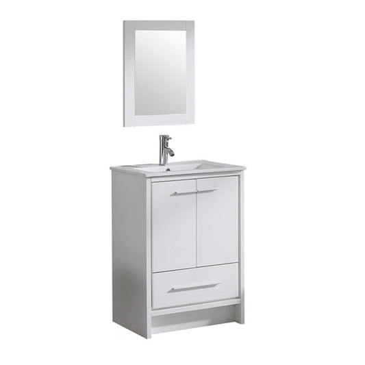 Walsport 24" Luxurious Bathroom Vanity with Ceramic Sink and Countertop and Mirror and Faucet,Double Door Stand Floor Cabinet Bathroom Storage Vanity with Pop Up Drain,White