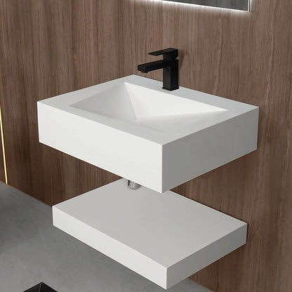 GGISHA 24"x19" Wall-Mount Stone Resin Bathroom Sink Rectangular Vessel Sinks for Bathroom Floating Vanity Sink Trough Modern Art Basin with Shelf Layer