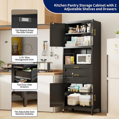 75° Tall Kitchen Pantry Storage Cabinet, Metal Storage Cabinet with 2 Drawers and Adjustable Shelves, Kitchen Pantry Cupboard, Freestanding Cupboard for Bathroom, Living Room(Black)