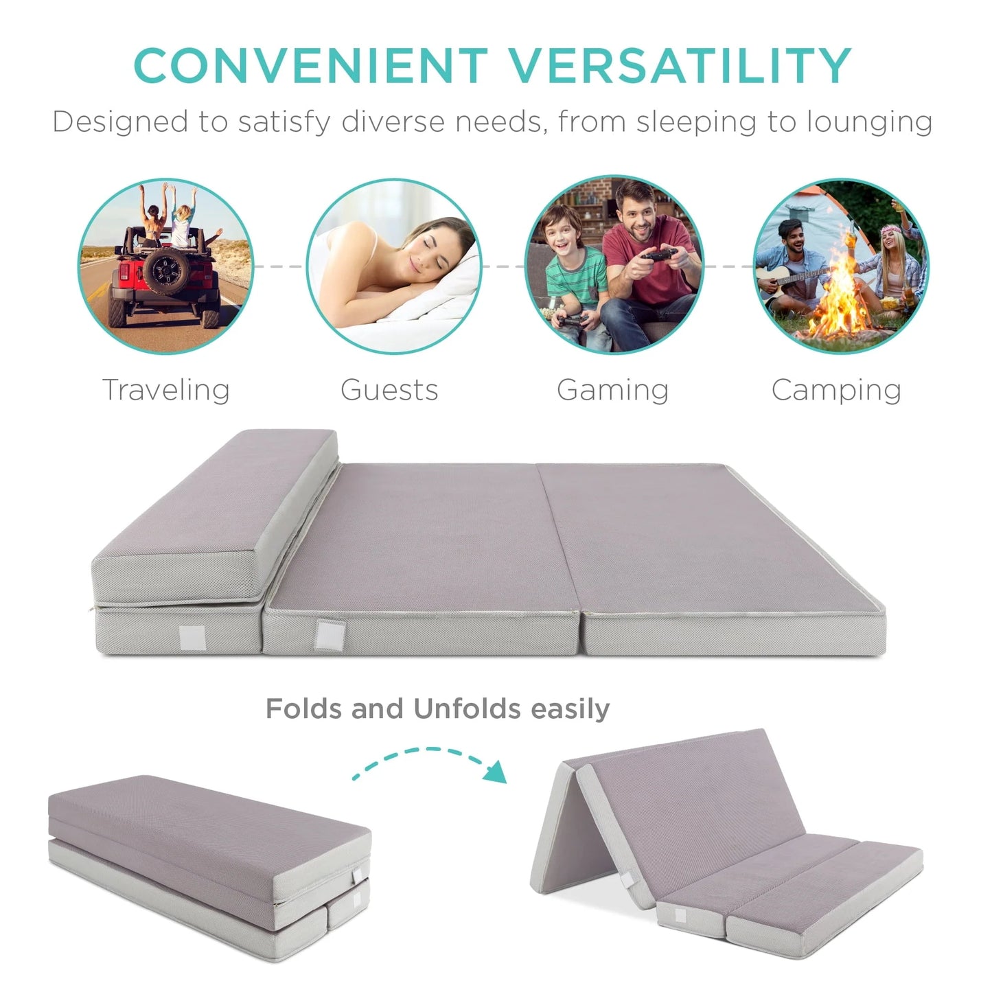 Choice Products 4in Thick Folding Portable Queen Mattress Topper w/Carry Case, Plush Foam, Washable Cover