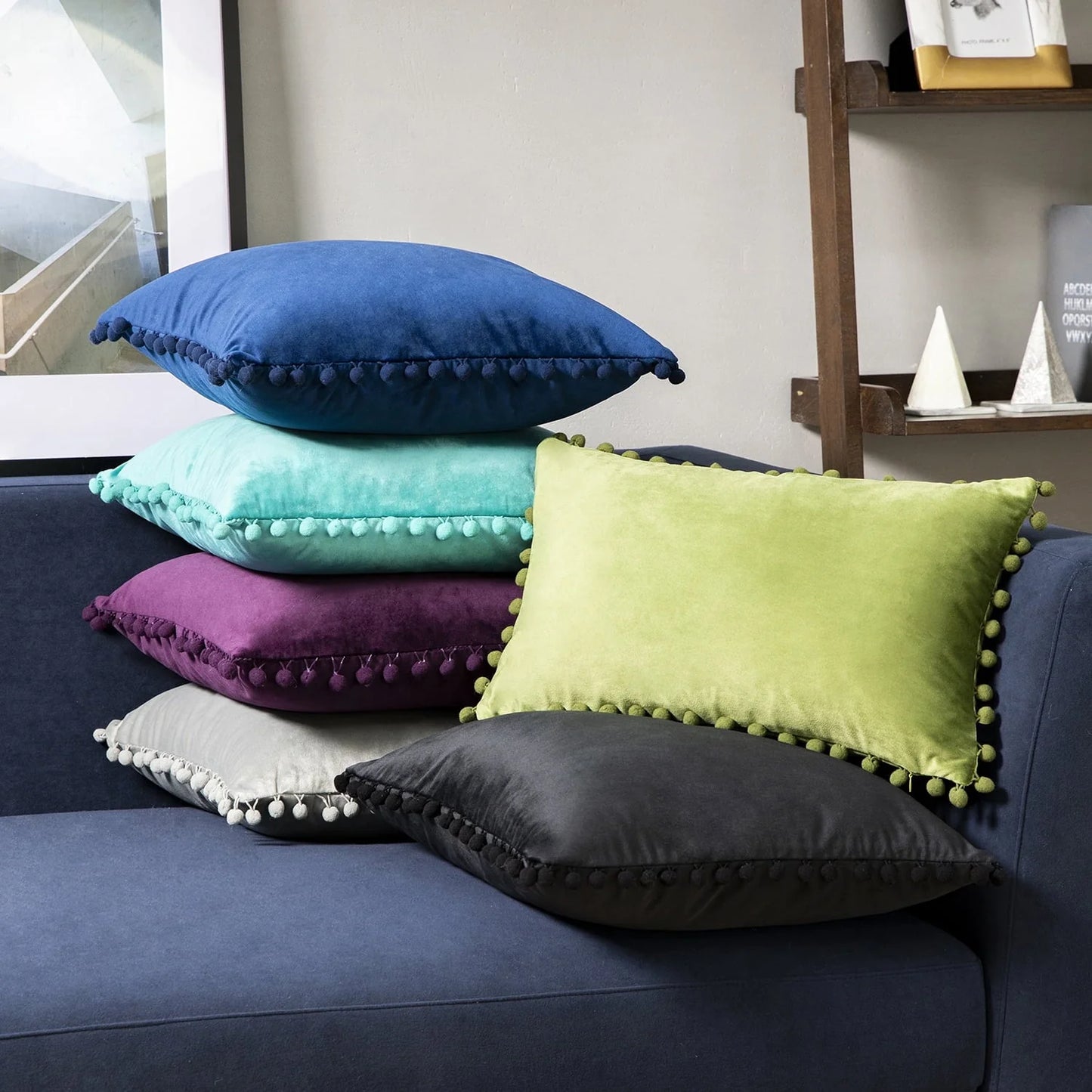 Phantoscope Throw Pillow with Insert,Silky Velvet Series Pom Pom Decorative pillow, 18" x 18", Off White, 2 Pack