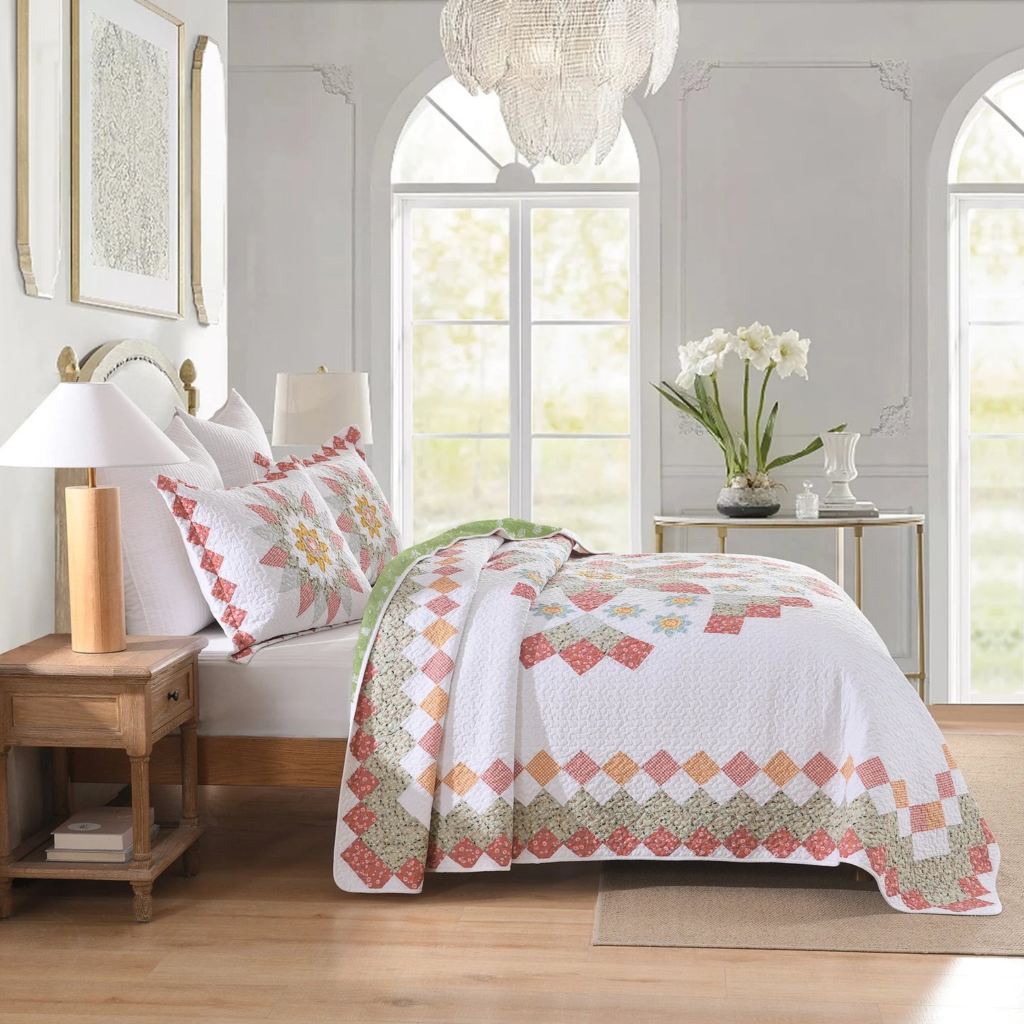 3 Pcs 100% Cotton Sunflower Pattern Patchwork Quilt Bedspread Set|Farmhouse Bedding Set for All Seasons