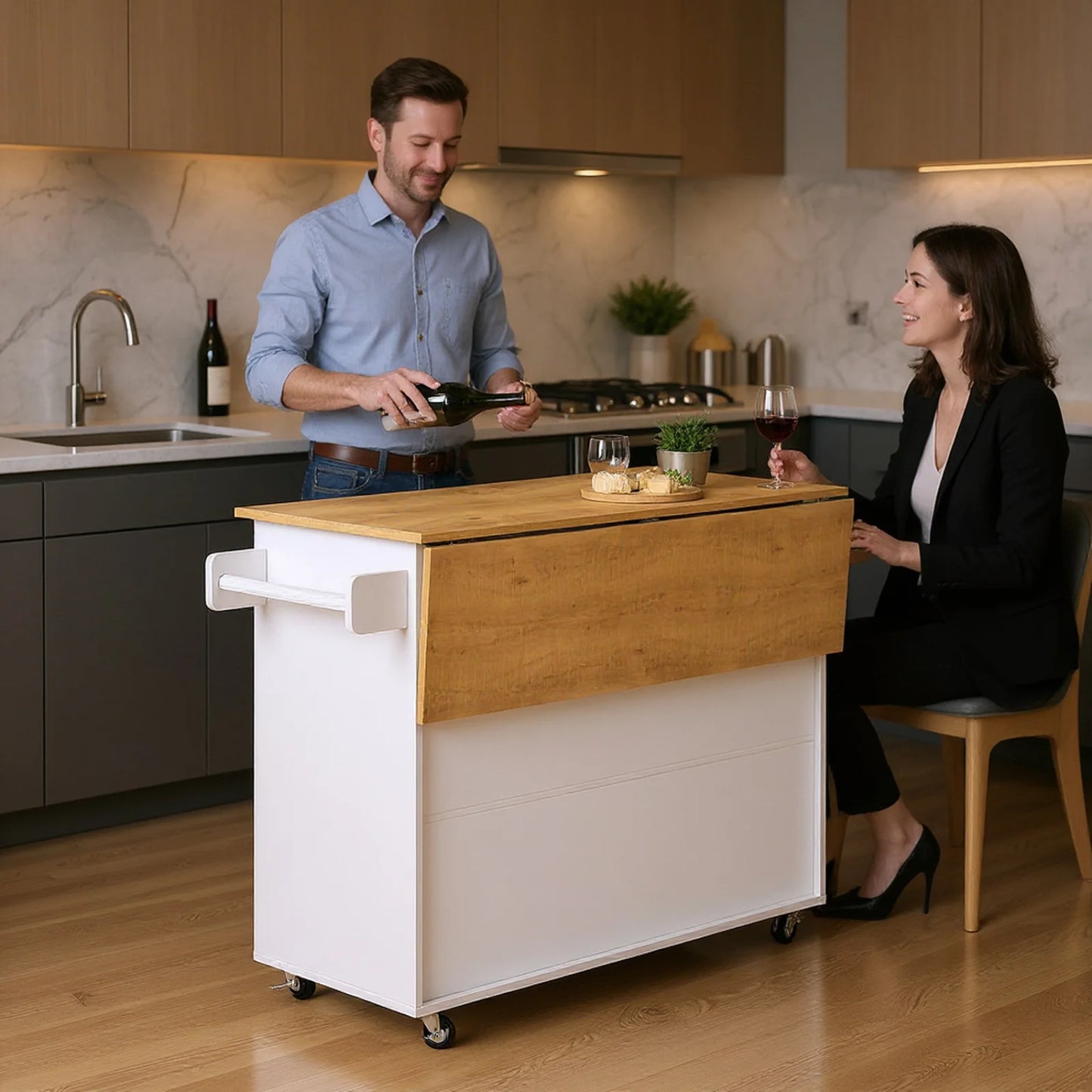 Homy Casa 56" Rolling Kitchen Island with Wood Top, Storage Cabinet, 3 Drawers, Towel Racks, White