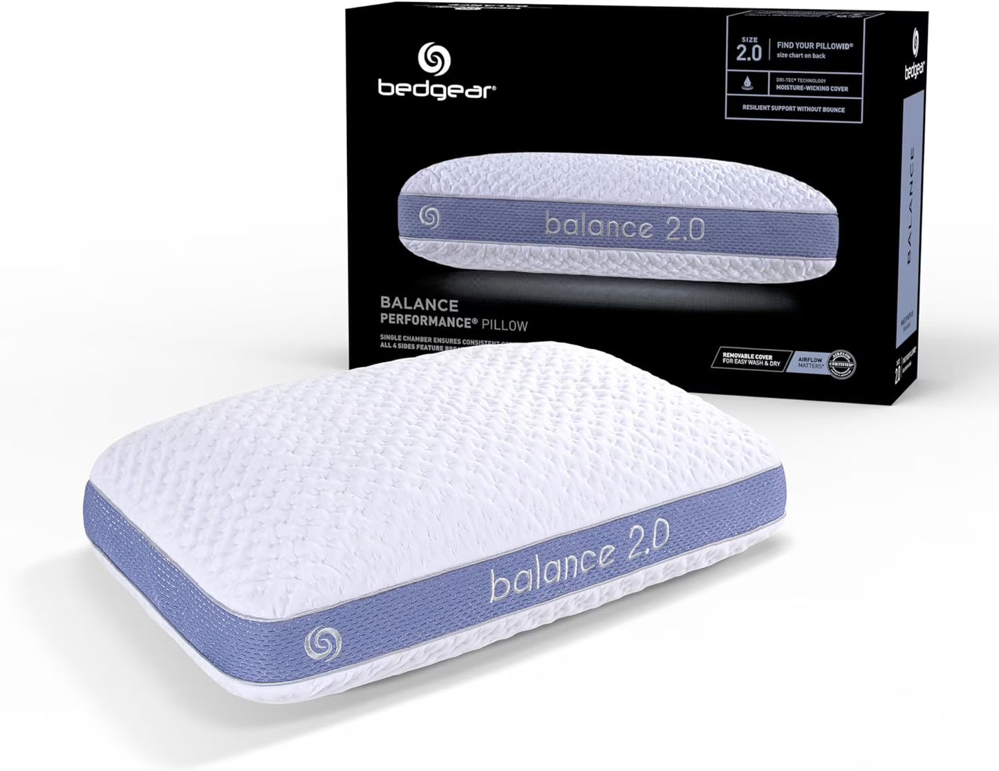 Bedgear Balance Performance Pillow 2.0 - Moisture Wicking Bed Pillow for All Sleep Positions - Medium Firmness Bed Pillow - Washable Removable Cover