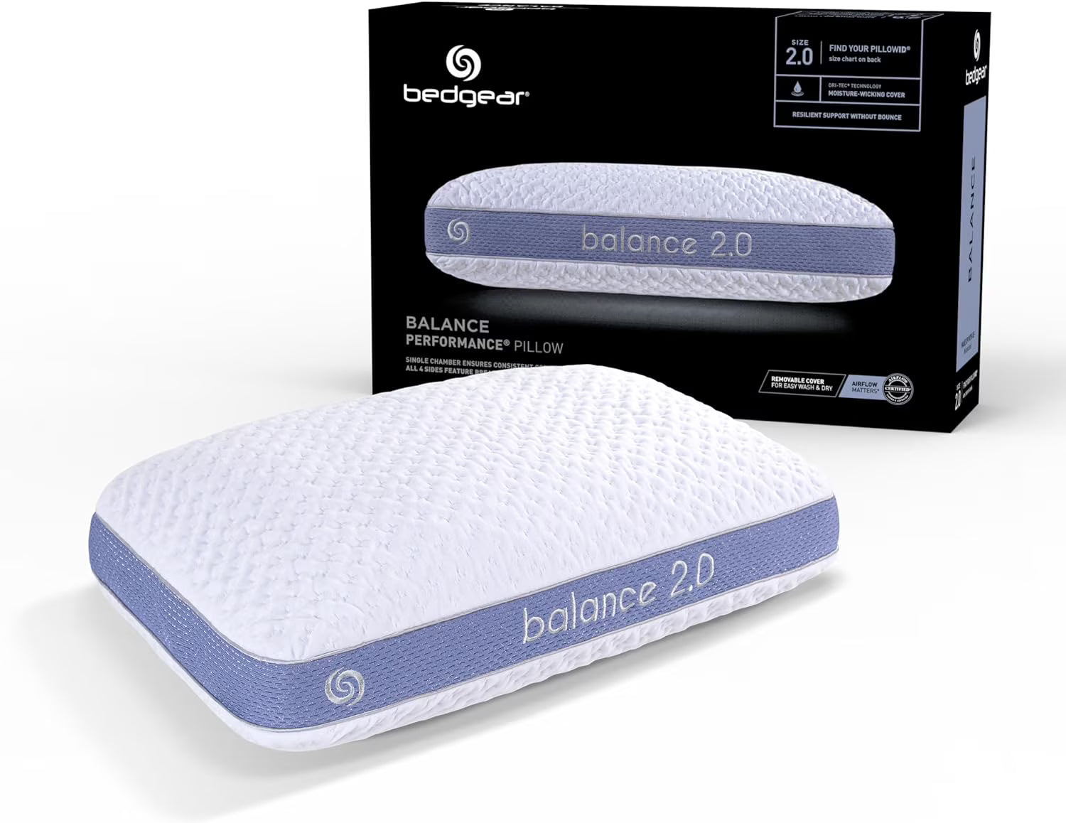 Bedgear Balance Performance Pillow 2.0 - Moisture Wicking Bed Pillow for All Sleep Positions - Medium Firmness Bed Pillow - Washable Removable Cover