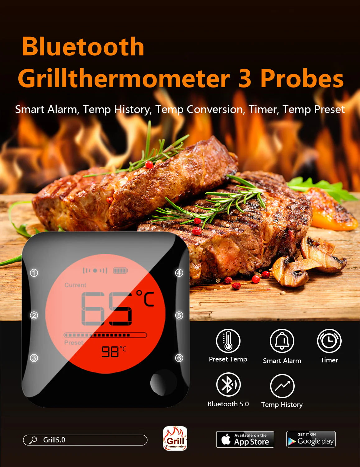 BFOUR Wireless Meat Thermometer, Bluetooth Meat Thermometer with 3 Probes, LCD Thermometer for Grilling Smoker