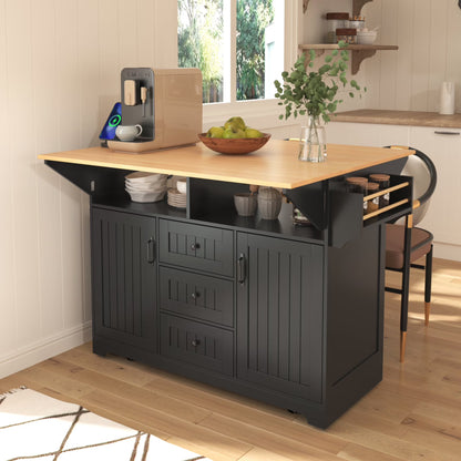 55.7'' Large Kitchen Island with 2 Drop Leaf,, Rolling Kitchen Cart on Wheels with Power Outlet, Spice & Towel Rack and 3 Drawers, Folding Storage Dining Table for Kitchen, Dining Room, Green