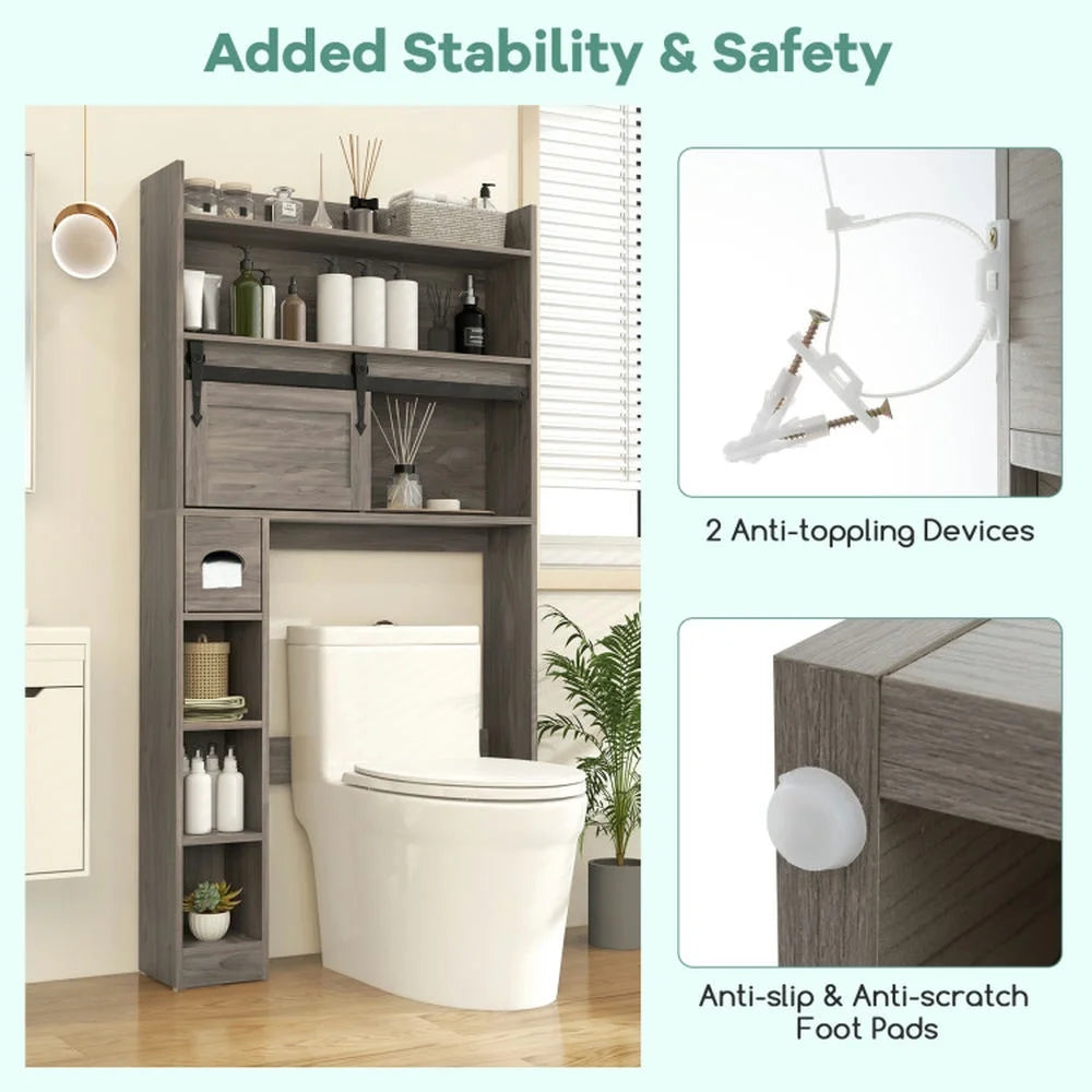 Yardi Yard Over The Toilet Storage Cabinet with Sliding Barn Door and Adjustable Shelves-Gray, Bathroom Organizers and Storage