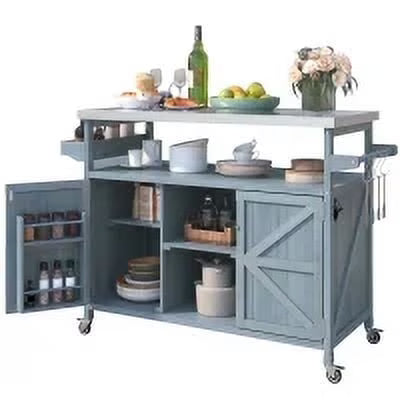 Outdoor Kitchen Island, Rolling Bar Cart & Storage Cabinet, Farmhouse Solid Wood Outdoor Grill Table with Stainless Steel Top, Spice Rack , Towel Rack for Kitchen & BBQ , Natural