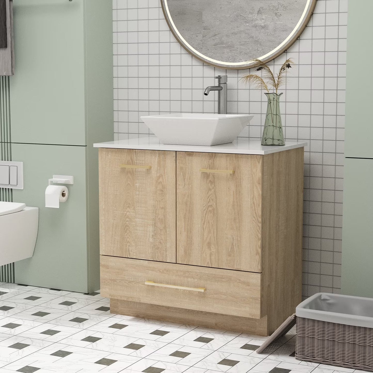 OXYLIFE 30 inch Bathroom Vanity Storage Cabinet with Sink for Bathroom, Oak