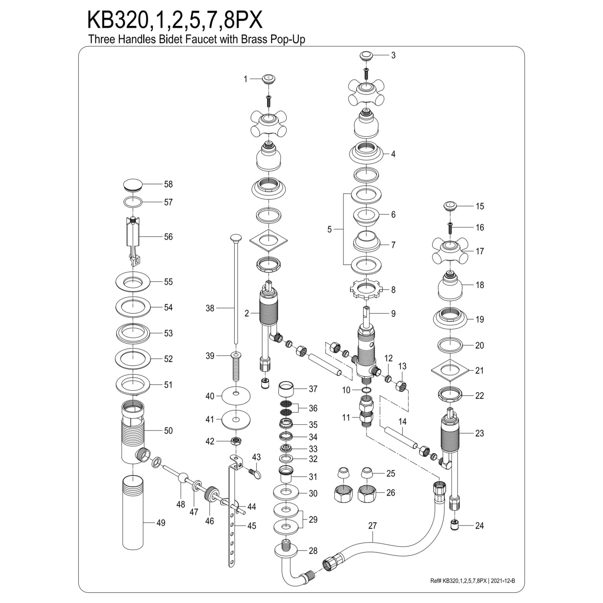 Kingston Brass KB322PX Victorian Three-Handle Bidet Faucet with Brass Pop-Up, Polished Brass