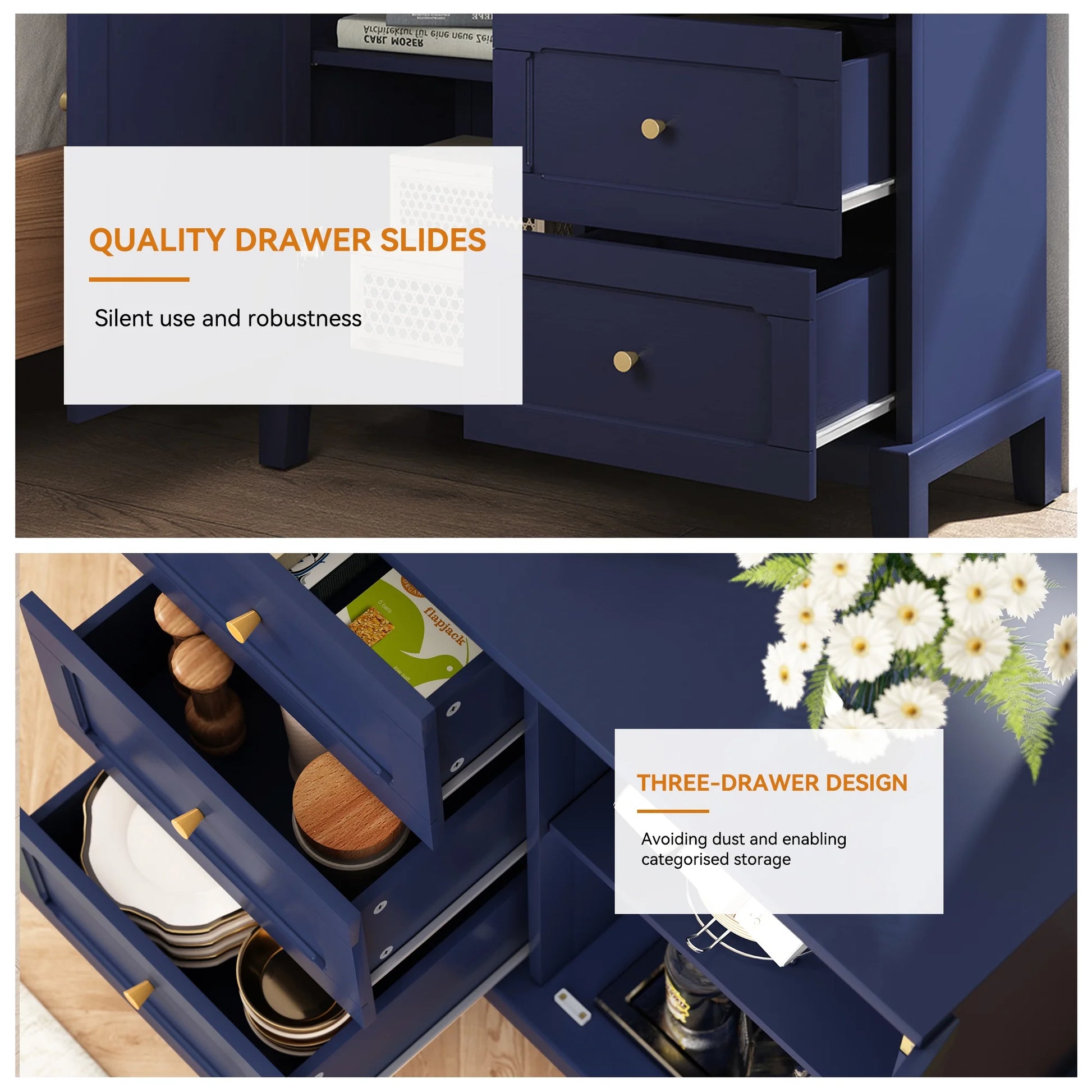 CBJCBJ 31.7"Storage Cabinet, Classical 3 Drawers & 1 Door Design with Gold-Tone Handles, Multi-Use Organizer for Living Room, Kitchen, BathroomBLUE)