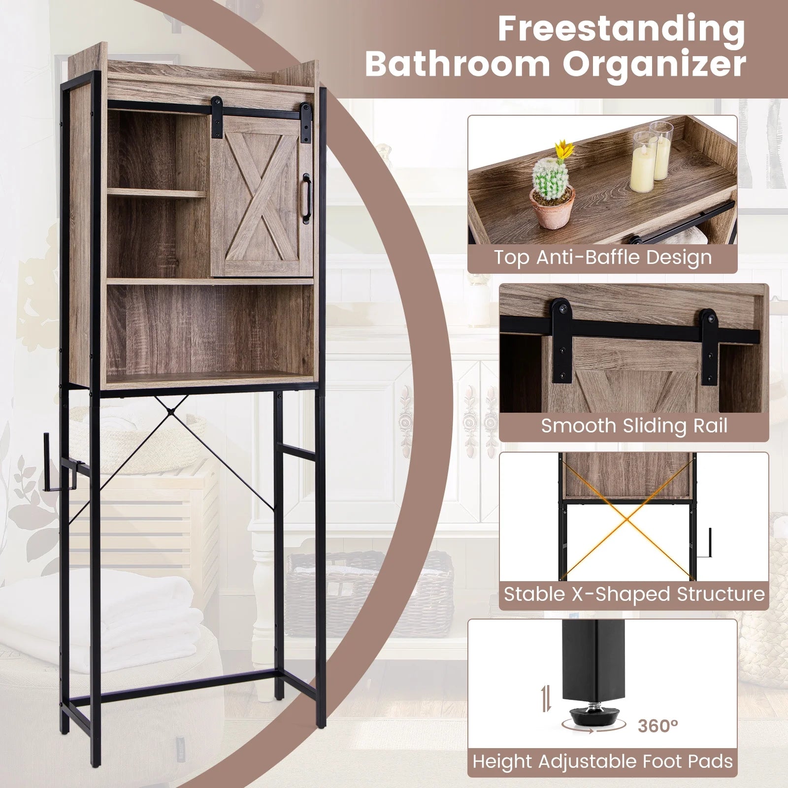 Topbuy Over The Toilet Storage Cabinet 4-Tier Bathroom Organizer w/Adjustable Shelves Sliding Barn Door & Toilet Paper Holder Rustic Brown
