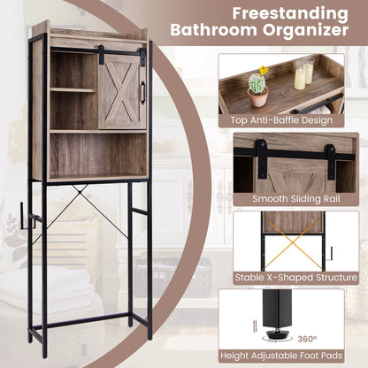 Topbuy Over The Toilet Storage Cabinet 4-Tier Bathroom Organizer w/Adjustable Shelves Sliding Barn Door & Toilet Paper Holder Rustic Brown