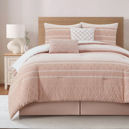 Lanco 100% Cotton Queen Size Comforter Set , 6 Piece , Beige Geometric Jacquard Bedding Set