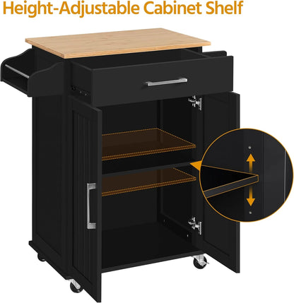 HXYHJ Kitchen Island on Wheels with Storage Cabinet, Rolling Kitchen Cart with Bamboo Top & Drawer & Spice Rack Towel Bar, Microwave Stand Cart for Kitchen/Dining Room, Black