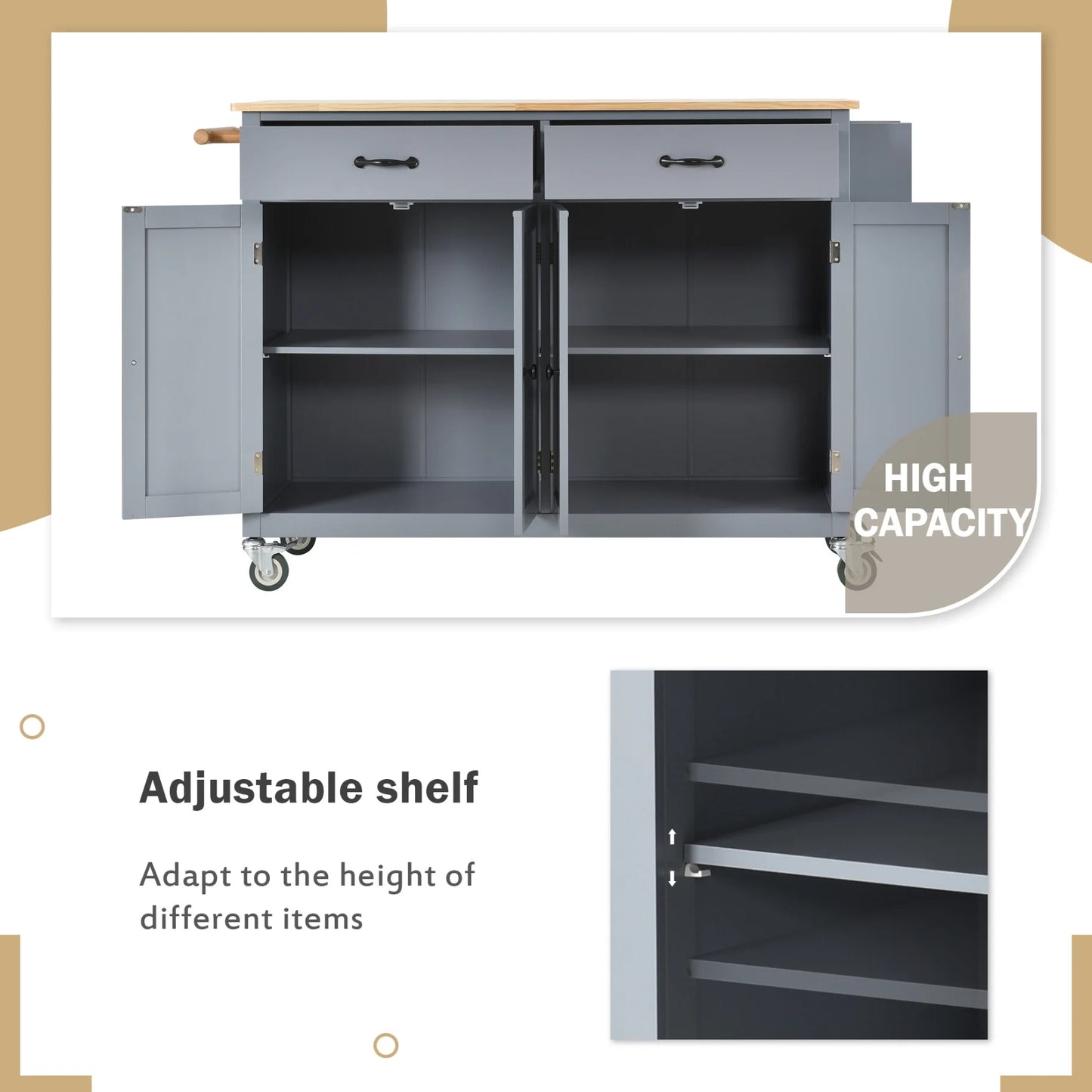 54.3" Kitchen Island Cart, Modern Solid Wood Storage Cabinet with Locking Wheels, 4 Door, Spice Rack, Towel Rack and Two Drawers, Rolling Mobile Kitchen Island Table, Blue