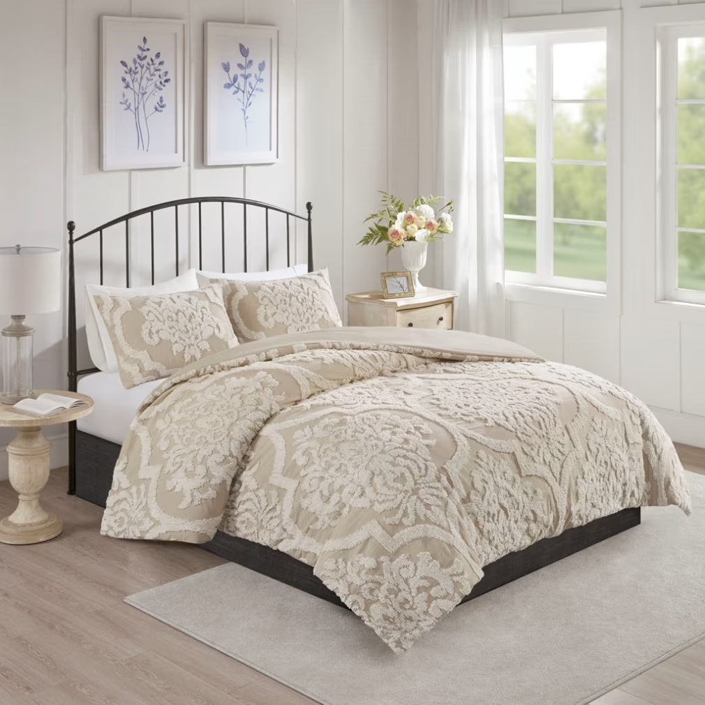3 Piece Set Duvet Cover King Size, Soft Tufted Cotton Chenille Duvet Cover Set with 2 Pillow Shams and Corner ties, Breathable Bedding Comforter Cover for All Season, Off White