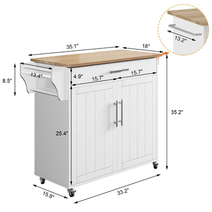 Pingliang Home Rolling Kitchen Storage Carts with Towel Rack and Drawers, Kitchen Island with Wheel,Rubberwood,White, 35"
