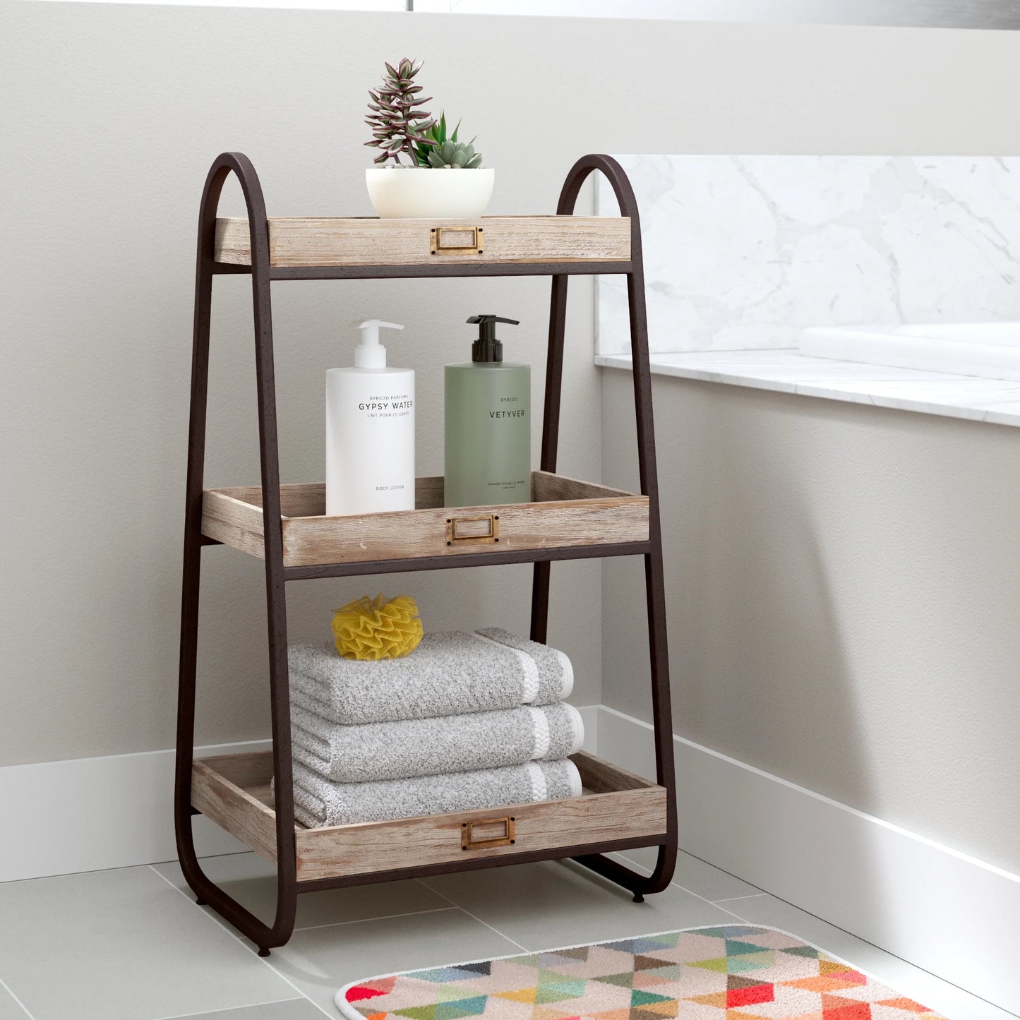 Linon Three Tiered Bath Stand, Rustic Brown, 32.5 inches Tall