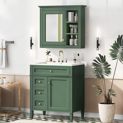 30'' Bathroom Vanity with Top Sink, Freestanding Vanity Set with Mirror Cabinet,Green