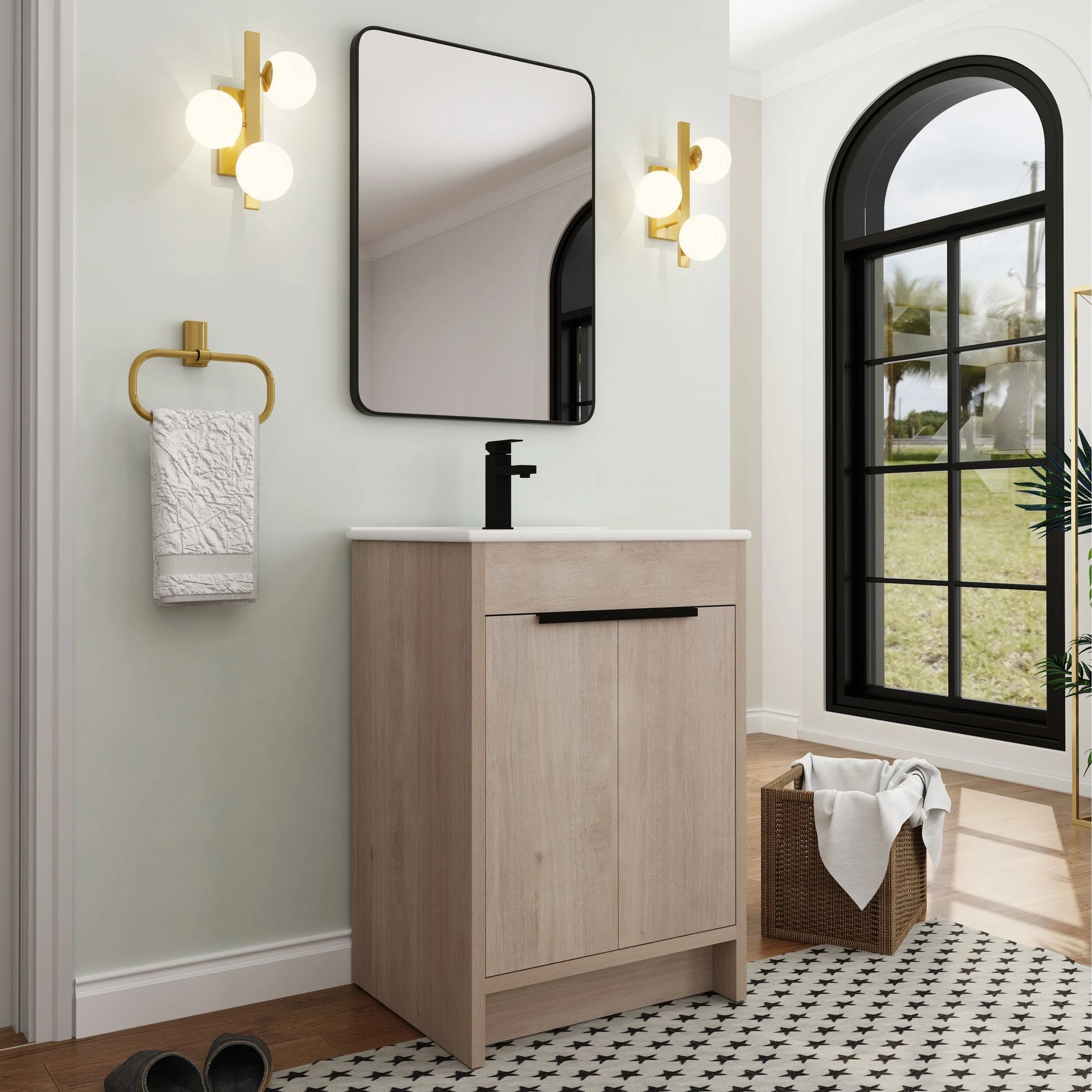 BNK 24/30/36 inch Freestanding Single Sink Bathroom Vanity with Soft Close Door and 1 adjustable shelf 24"W x 18.3"D x 35"H - Plain Light Oak