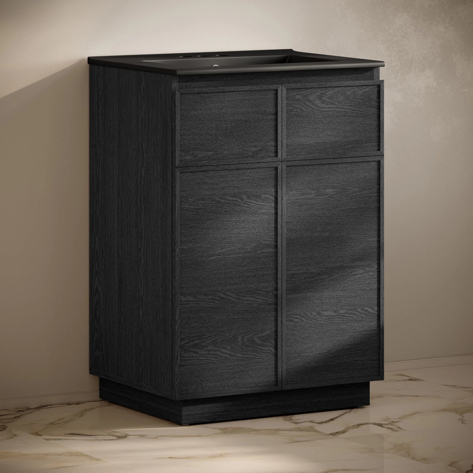 St. Tropez 24" Freestanding Bathroom Vanity in Black Oak with Black 3-Hole Centerset Sink Top
