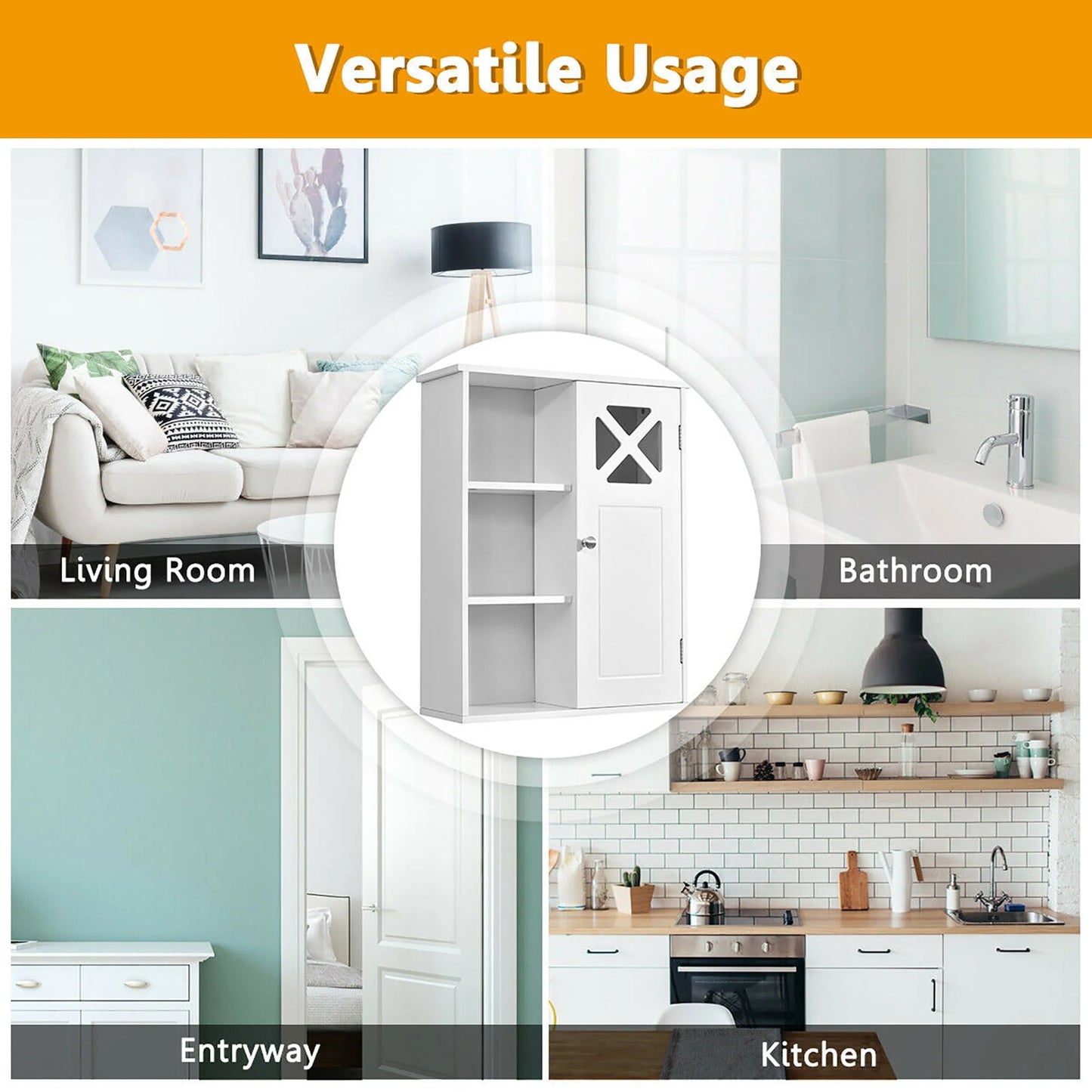 Costway Wall-Mounted Cabinet Bathroom Storage 2-Tier Shelf Multipurpose Organizer White