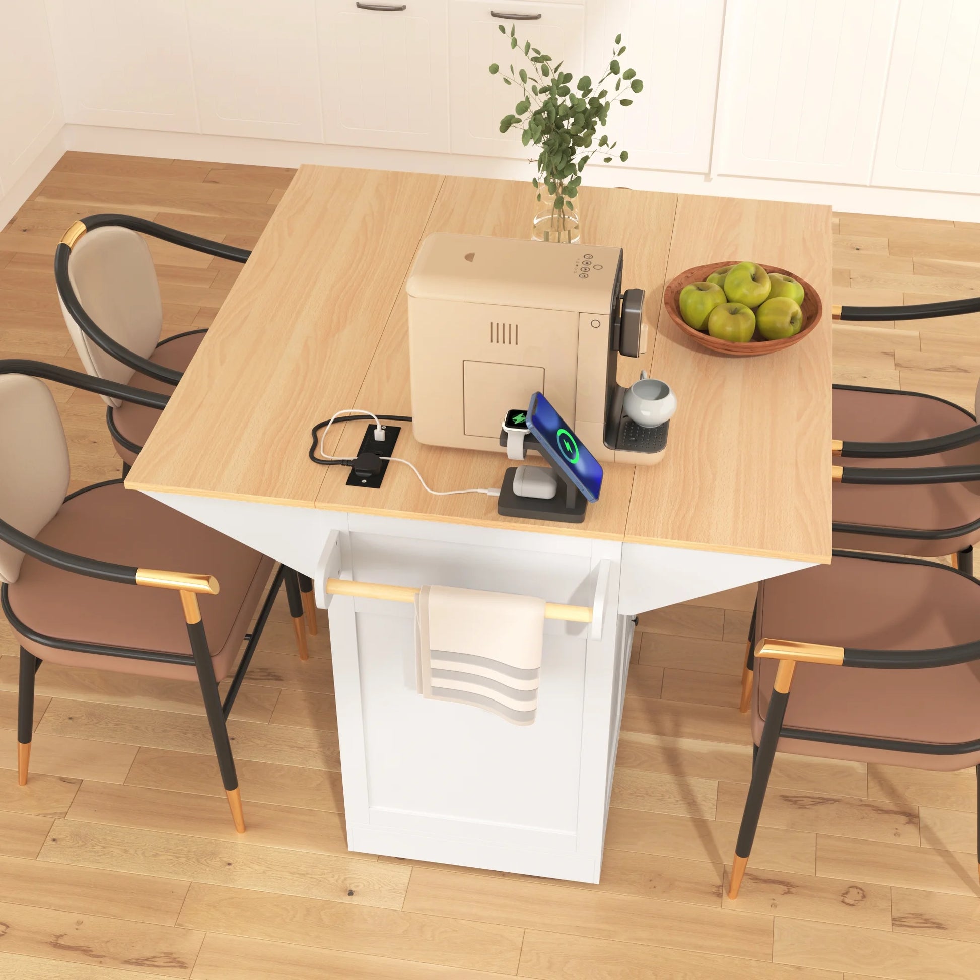 Yoneston 55.7" Kitchen Island with Drop Leaf and Power Outlet, Rolling Kitchen Cart with Spice Towel Rack, Folding Storage Dining Table with 3 Drawers 2 Doors for Kitchen Dining Room, White