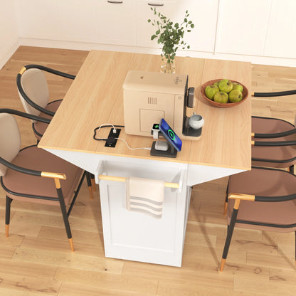 Yoneston 55.7" Kitchen Island with Drop Leaf and Power Outlet, Rolling Kitchen Cart with Spice Towel Rack, Folding Storage Dining Table with 3 Drawers 2 Doors for Kitchen Dining Room, White