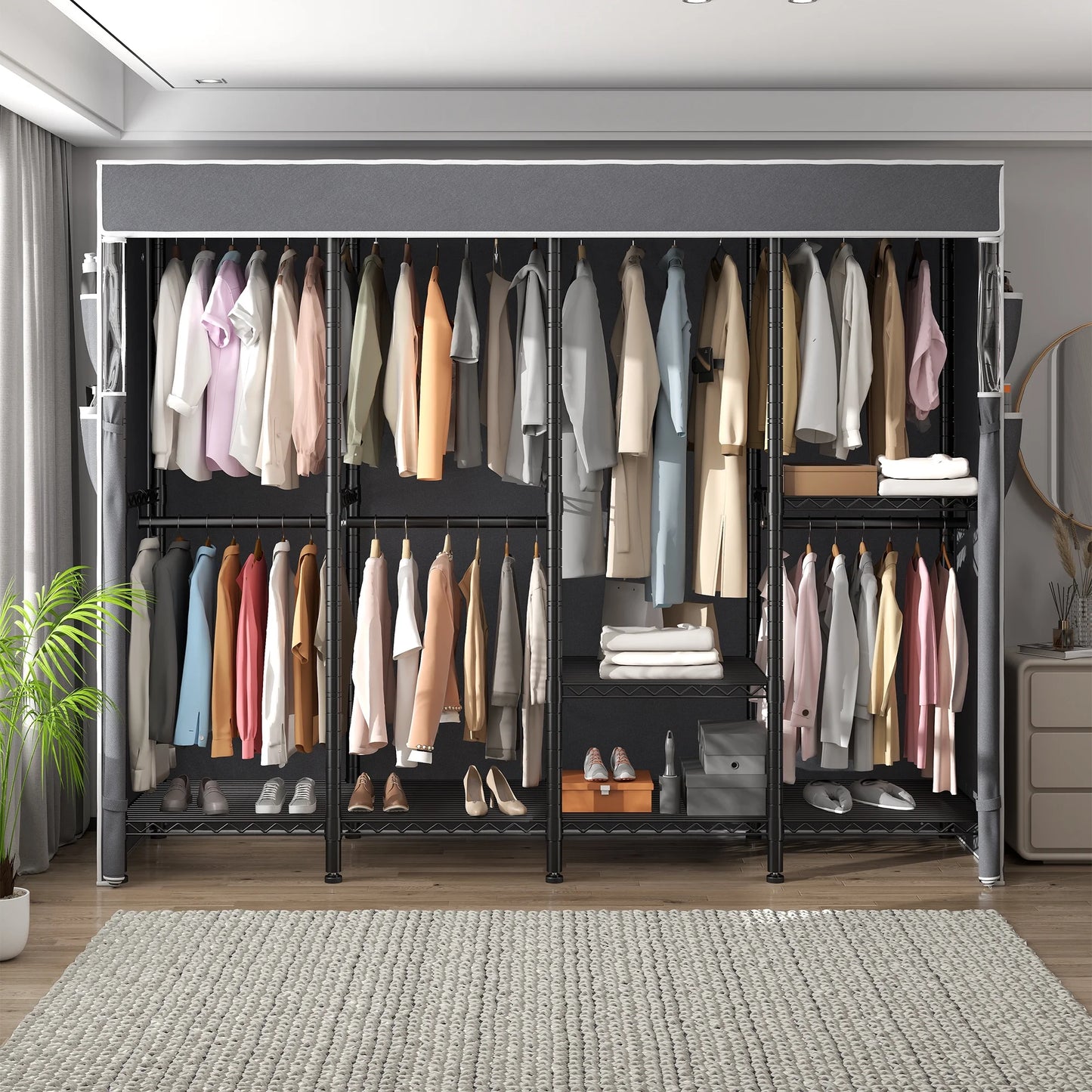 EnHomee 76"W Clothes Rack with Cover,1100LBS Heavy Duty Wardrobe Closet Organizer,Adjustable Portable ClosetBlack