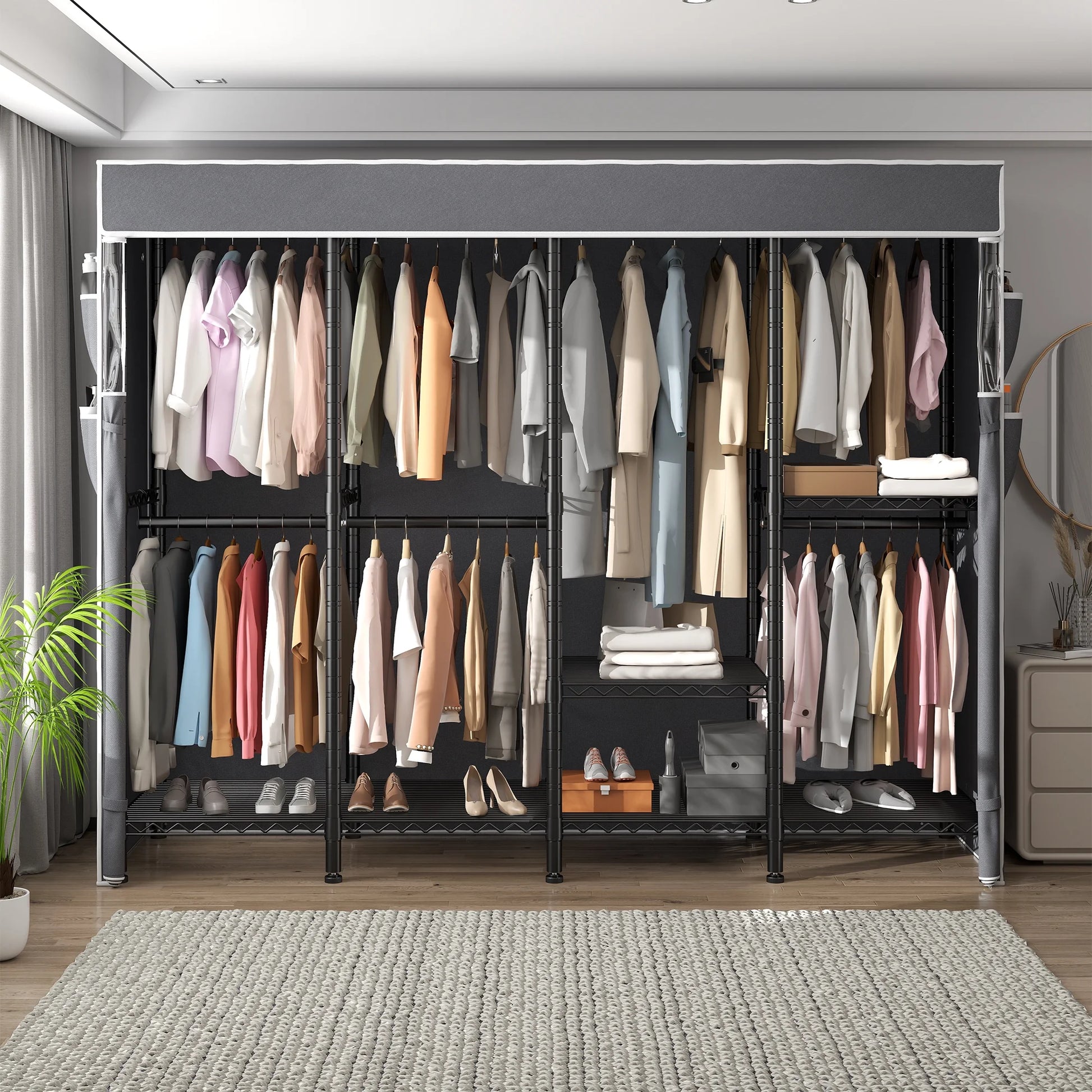 EnHomee 76"W Clothes Rack with Cover,1100LBS Heavy Duty Wardrobe Closet Organizer,Adjustable Portable ClosetBlack