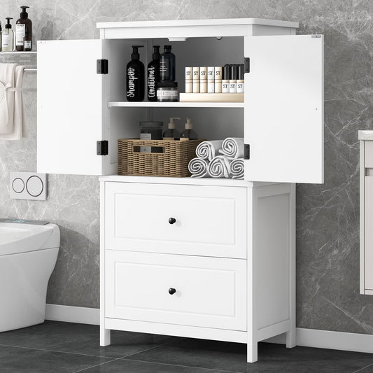 EUROCO Bathroom Floor Storage Cabinet,Bathroom Storage Unit,Freestanding Cabinet with 2 Drawers and 2 Doors,Adjustable Shelf,11.8 x 23.6 x 43.3 Inches,White