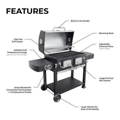 32-inch Smart Charcoal Grill with Bluetooth Meat Thermometer, LCD Display, and Temperature Probes, Stainless Steel/Black