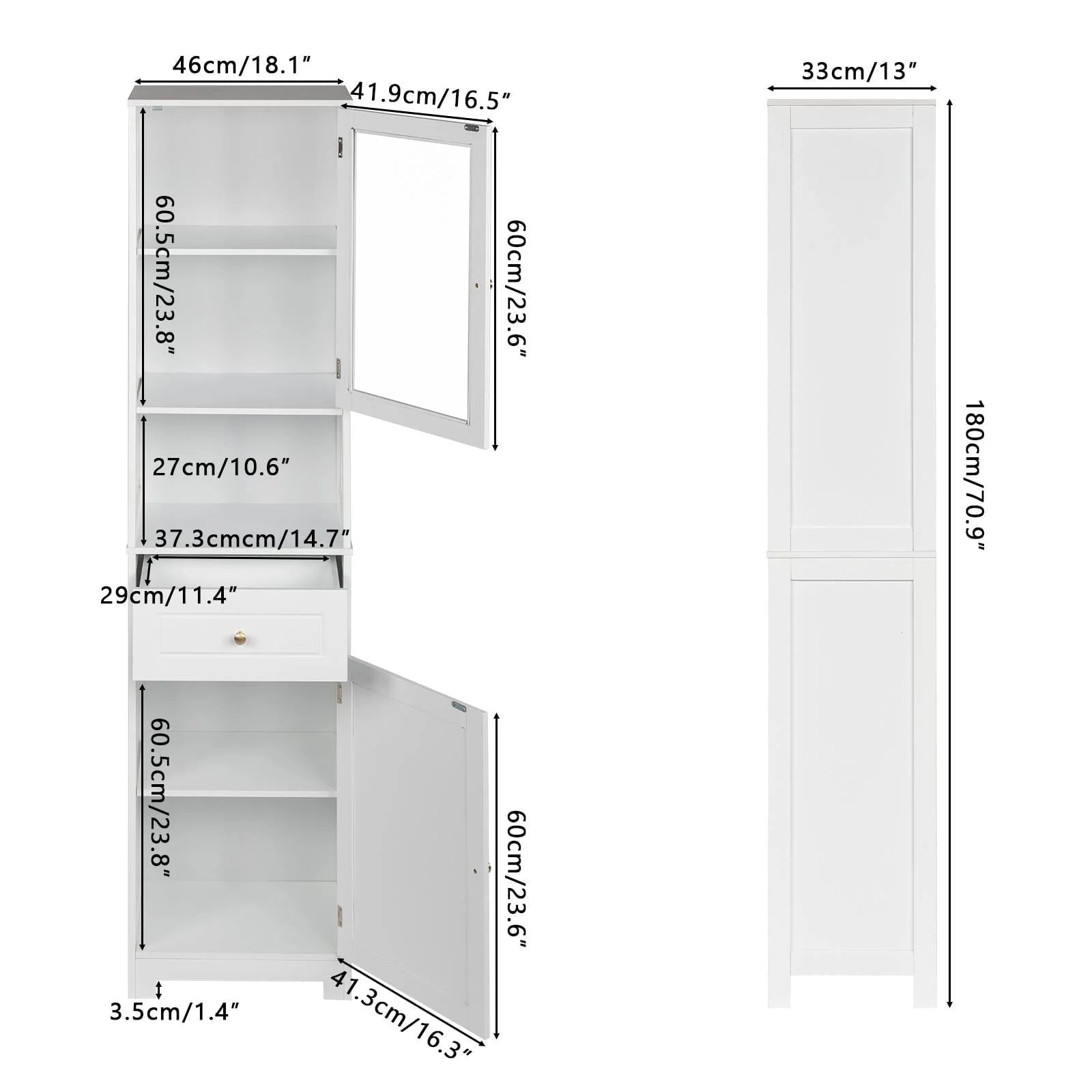 Ktaxon Large Bathroom Tall Storage Cabinet Organizer, Freestanding Line Tower Pantry Cabinet with Adjustable Shelves and 2 Cupboards for Kitchen Living Room Bedroom Office, 18"x13"x71", White