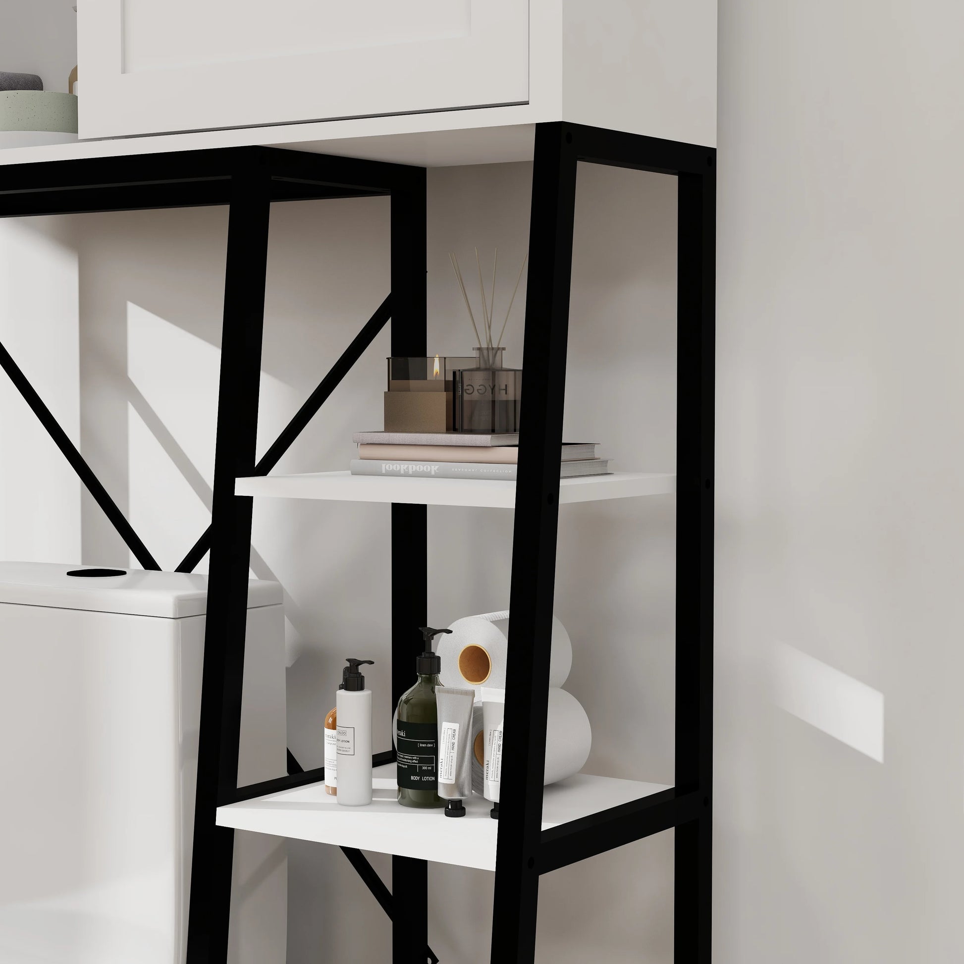 Royard Oaktree Farmhouse Over The Toilet Storage Cabinet, Bathroom Shelves Storage Organizer with Sliding Barn Door, Adjustable Shelves, and Storage Racks, White