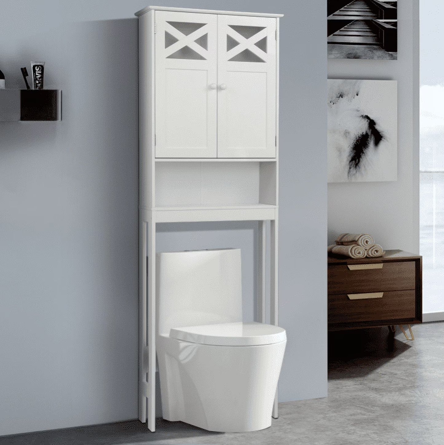 SamyoHome Wooden Over The Toilet Cabinet Bathroom Freestanding Cabinet with Shelves, White