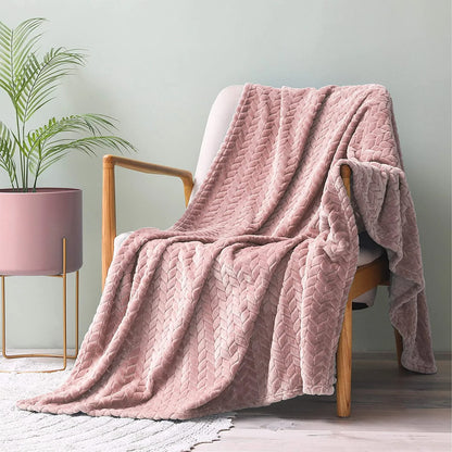 Exclusivo Mezcla Large Flannel Fleece Throw Blanket, Jacquard Weave Leaves Pattern (50" x 70", Pink) - Soft, Warm, Lightweight and Decorative
