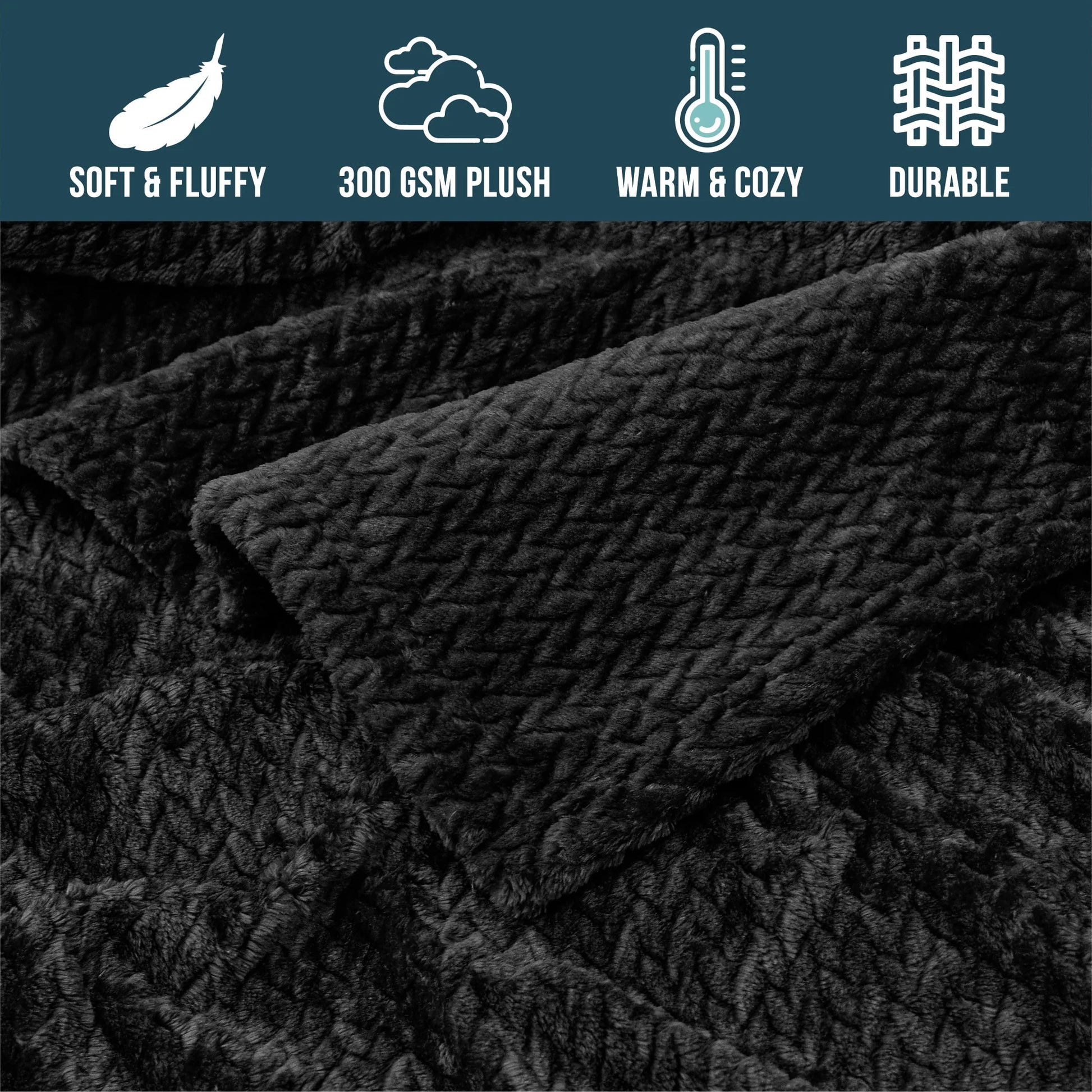 PAVILIA Soft Fleece Solid Black Throw Blanket for Couch, Lightweight Plush Warm Blankets for Bed, Fuzzy Cozy Flannel Blanket Throw for Sofa, Travel, Jacquard Pattern, Black, 50x60 inch