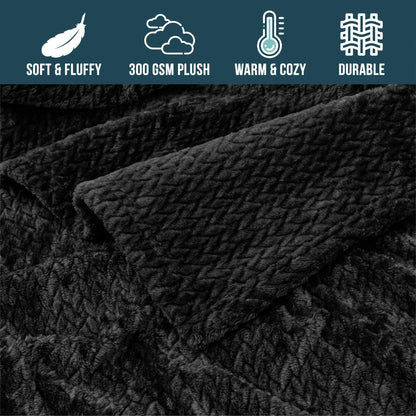 PAVILIA Soft Fleece Solid Black Throw Blanket for Couch, Lightweight Plush Warm Blankets for Bed, Fuzzy Cozy Flannel Blanket Throw for Sofa, Travel, Jacquard Pattern, Black, 50x60 inch