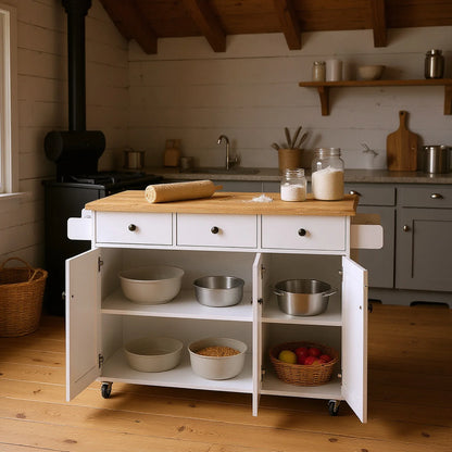 Homy Casa 56" Rolling Kitchen Island with Wood Top, Storage Cabinet, 3 Drawers, Towel Racks, White