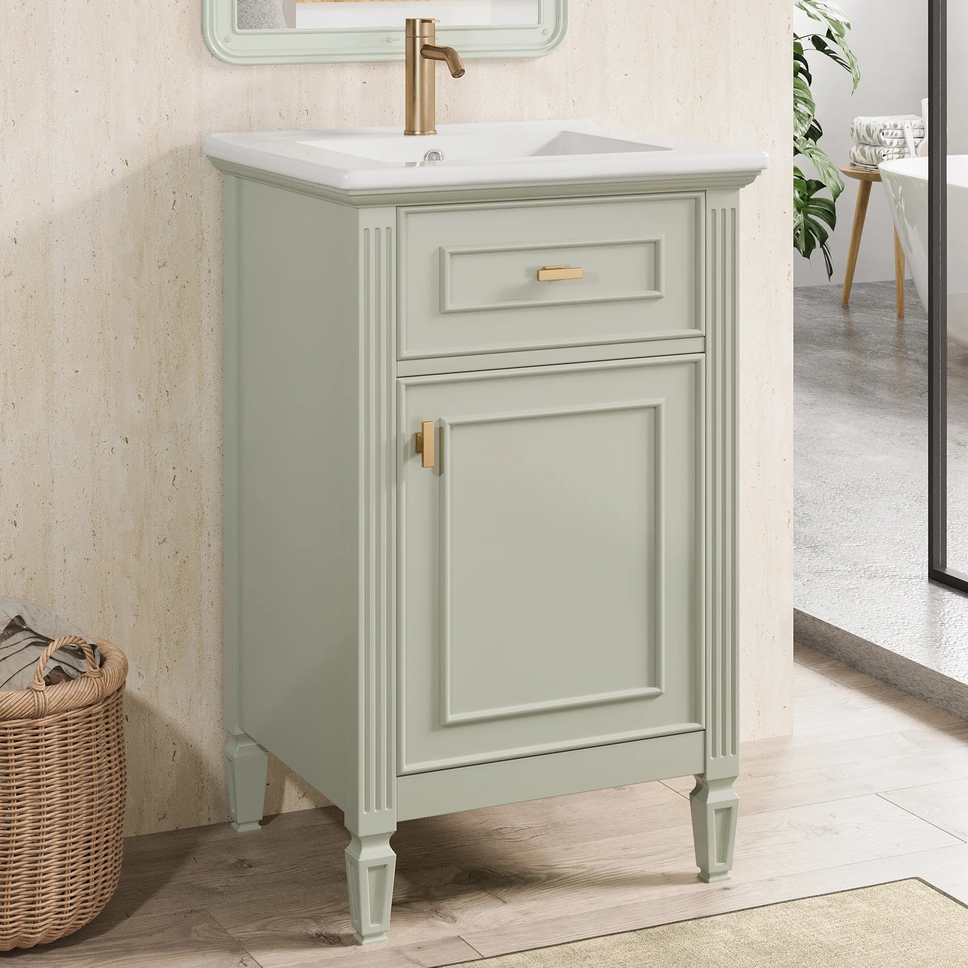 Euroco 20" Bathroom Vanity with Integrated Ceramic Sink, Soft-Close Hinges and Drawer Storage, Solid Wood Legs