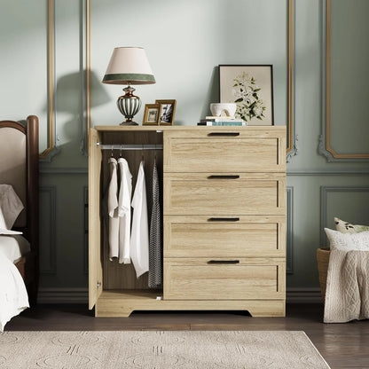 43.3'' Small Wardrobe Closet, Wardrobe Cabinet with Door, 4 Drawers and Handing Rod, Wooden Clothes Cabinet 4 Drawer Dresser for Bedroom, Laundry Room, Cloak Room, Natural Oak