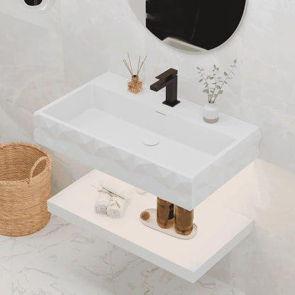 GGISHA 24"x19" Wall-Mount Stone Resin Bathroom Sink Rectangular Vessel Sinks for Bathroom Floating Vanity Sink Trough Modern Art Basin with Shelf Layer