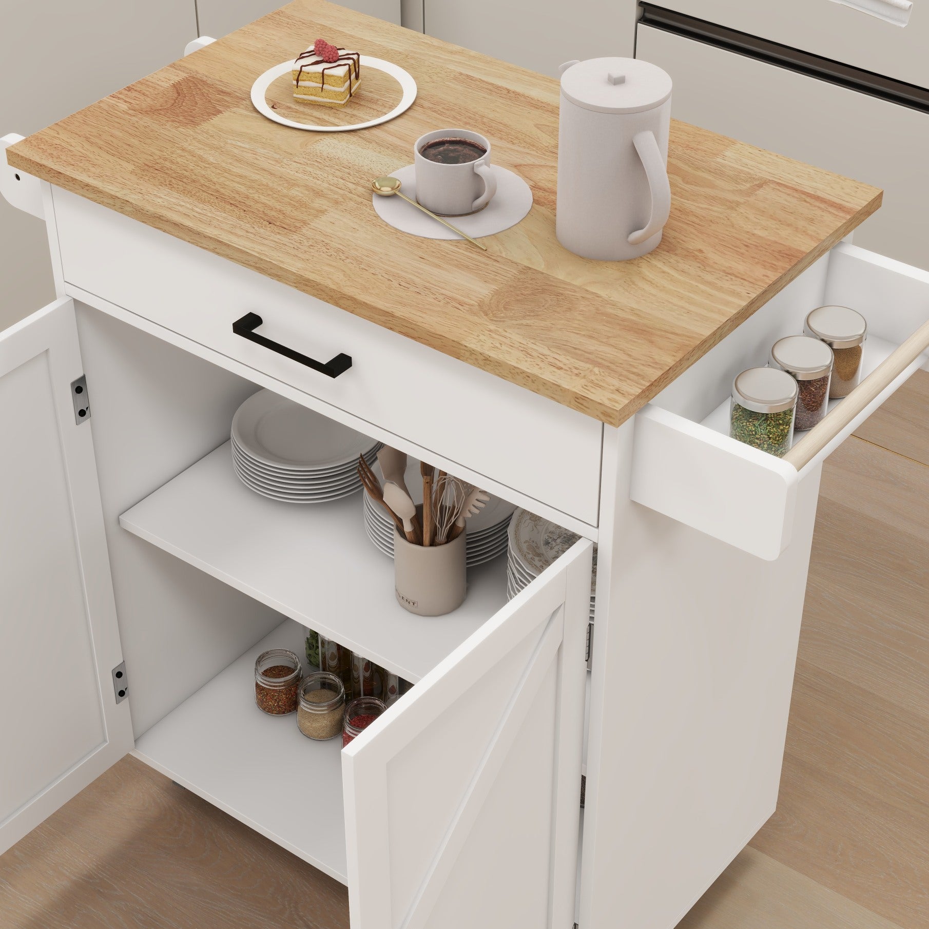 Rolling Kitchen Island with Solid Wood Top & Pull-out Drawer, Kitchen Trolley Cart with Spice Rack & Towel Rack & Storage Pantry Cabinet with Adjustable Shelf, Kitchen Island Cart on Wheels, White