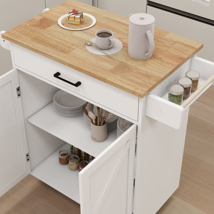 Rolling Kitchen Island with Solid Wood Top & Pull-out Drawer, Kitchen Trolley Cart with Spice Rack & Towel Rack & Storage Pantry Cabinet with Adjustable Shelf, Kitchen Island Cart on Wheels, White