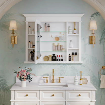 FORCLOVER 40"x 32" Bathroom Medicine Cabinet with 3 Adjustable Shelves, Recessed Mount Wooden Medicine Cabinet Storage with Mirrors and Soft-Close Door, White