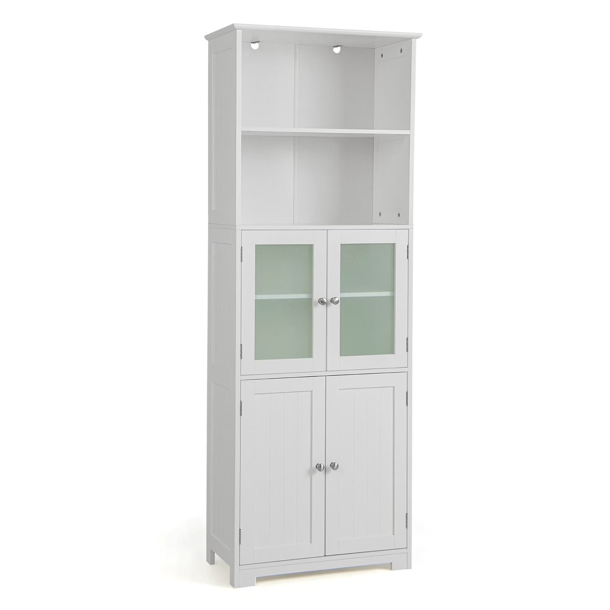 Gymax Bathroom Tall Storage Cabinet Linen Tower w/Glass Door & Adjustable Shelf Grey