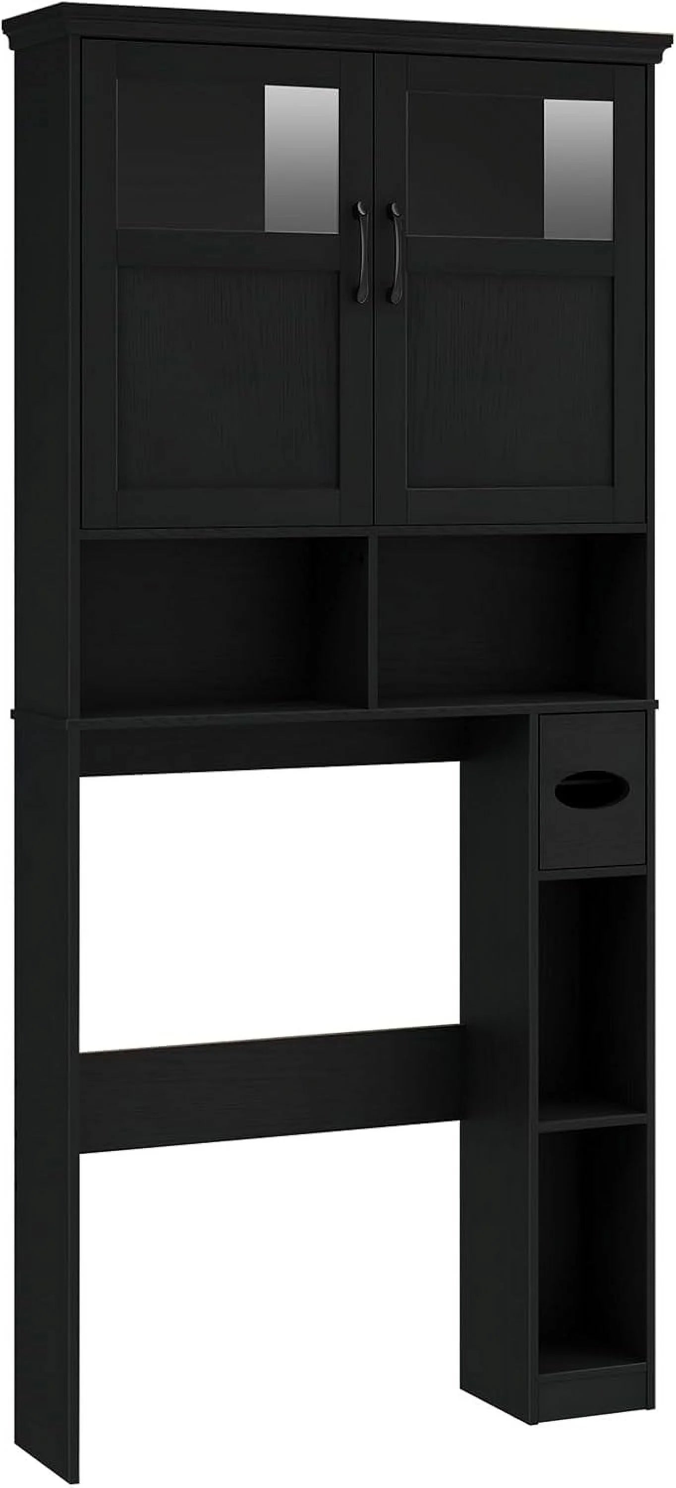 Over The Toilet Storage Cabinet, Storage Cabinet Over Toilet with Double Doors & Toilet Paper Holder Stand, Freestanding Toilet Shelf Space Saver with Anti-Tip Design & Adjustable Shelf, Black